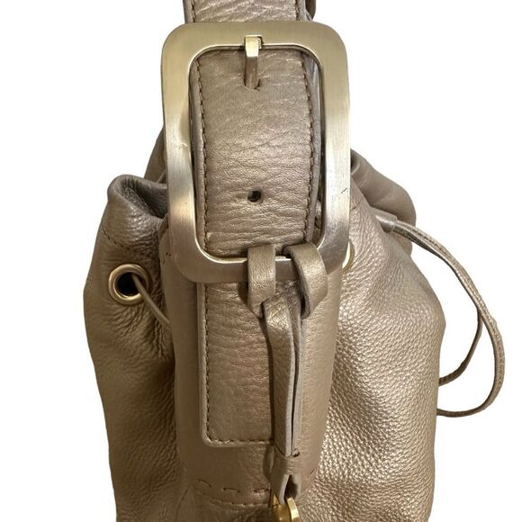 Cole Haan Metallic Gold Brass Leather Drawstring Shoulder Buckle Bag Purse Women - Picture 4 of 14